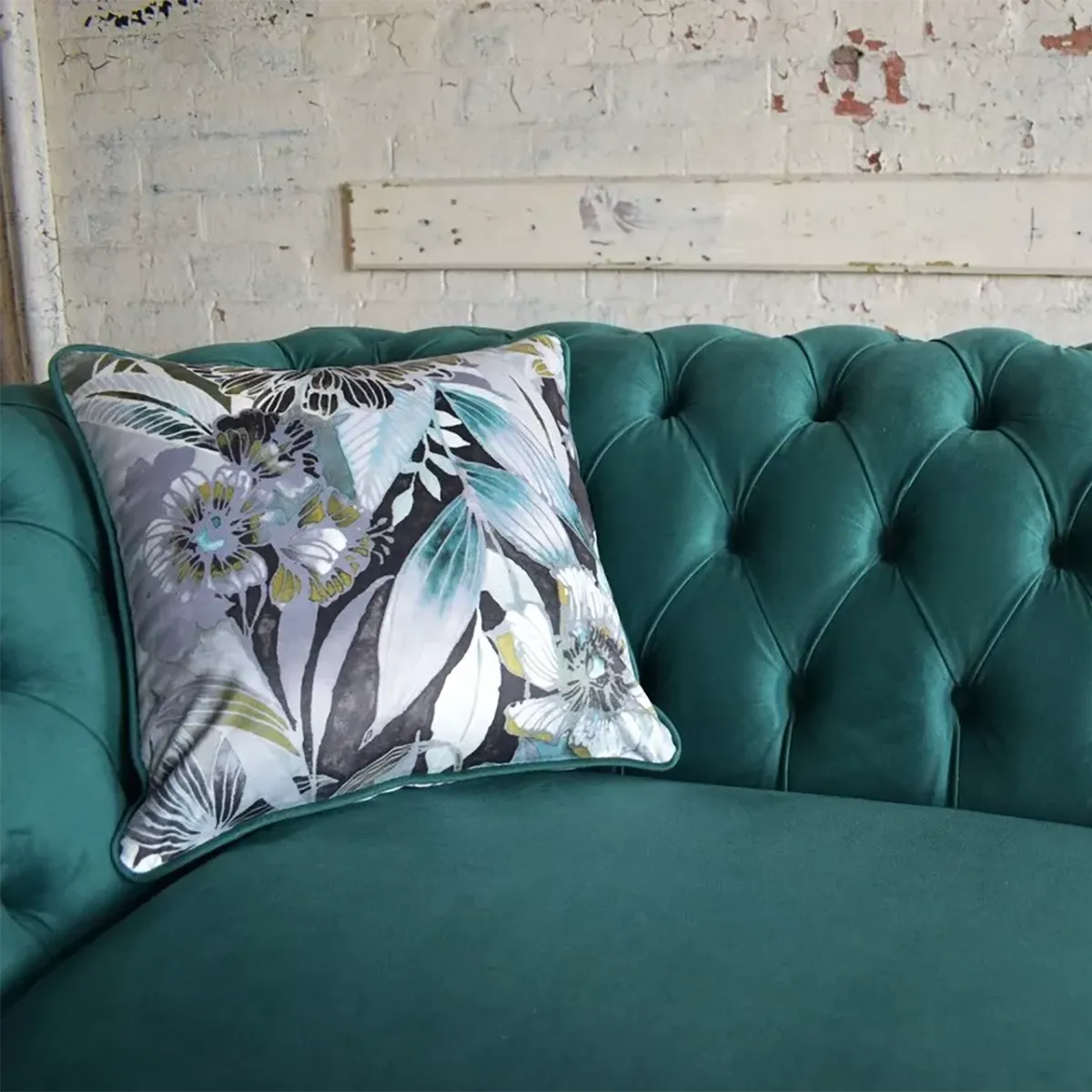 Oswald & Pablo Royal Green Velvet & Floral Fabric Chesterfield Sofa