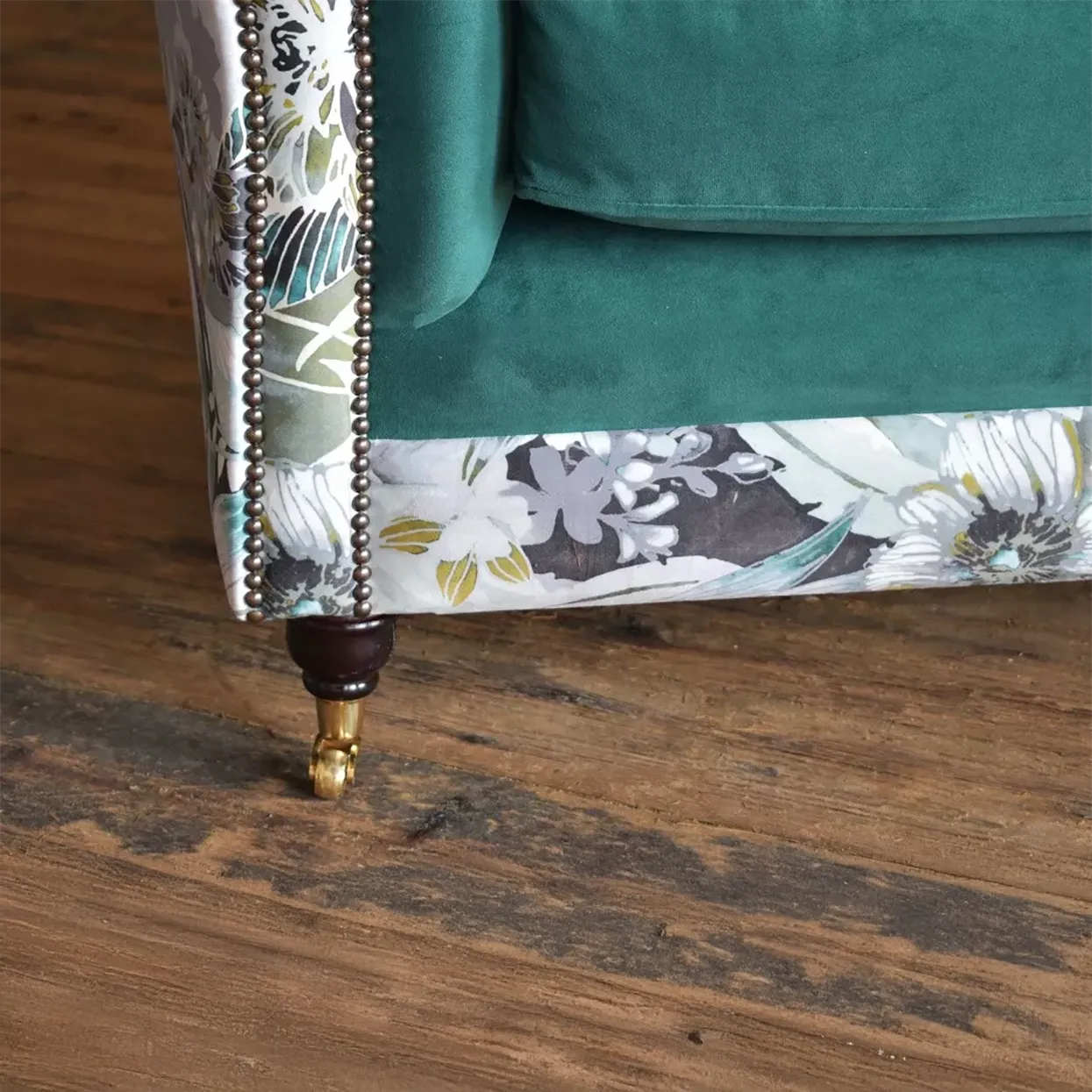 Oswald & Pablo Royal Green Velvet & Floral Fabric Chesterfield Sofa