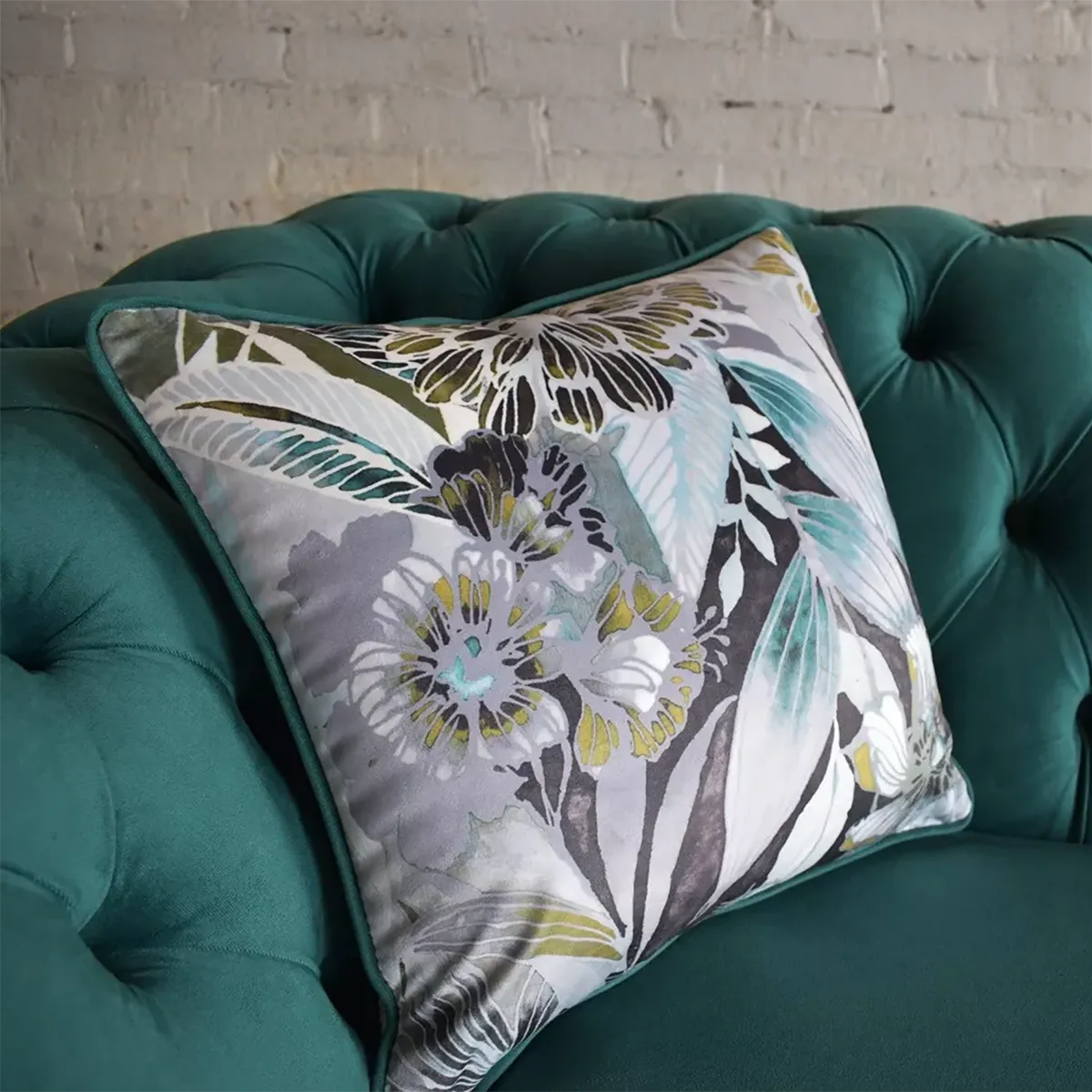 Oswald & Pablo Royal Green Velvet & Floral Fabric Chesterfield Sofa