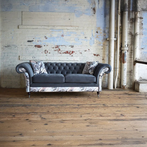 Oswald & Pablo Grey Velvet & Floral Fabric Chesterfield Sofa