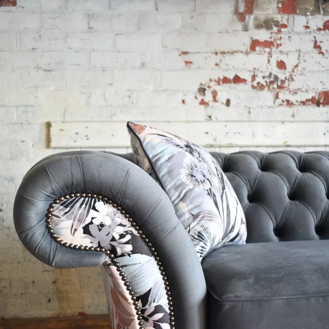 Oswald & Pablo Grey Velvet & Floral Fabric Chesterfield Sofa