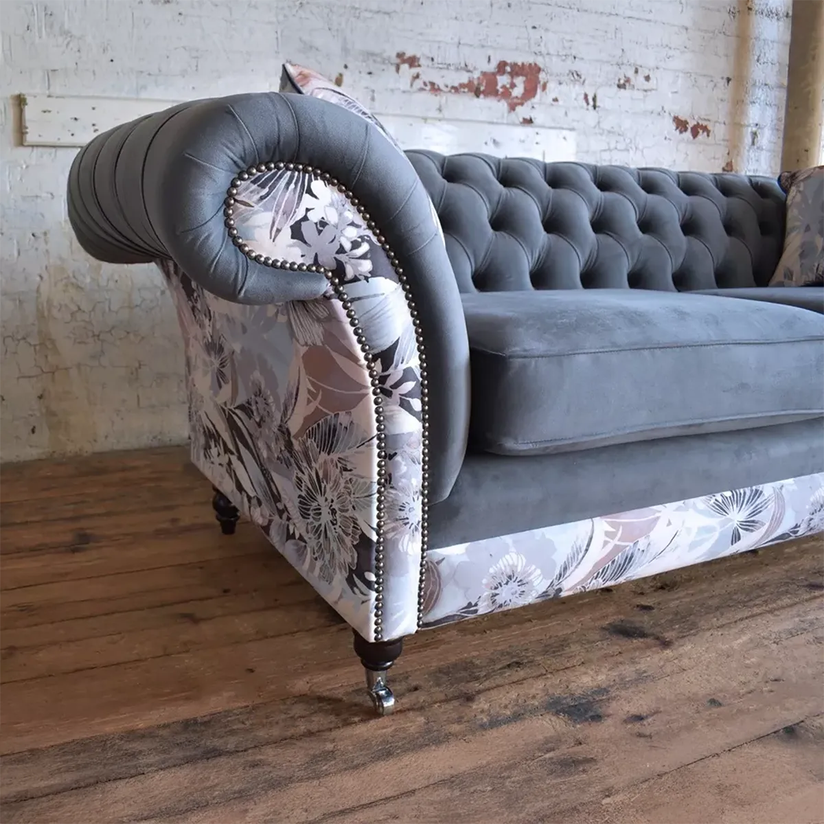 Oswald & Pablo Grey Velvet & Floral Fabric Chesterfield Sofa