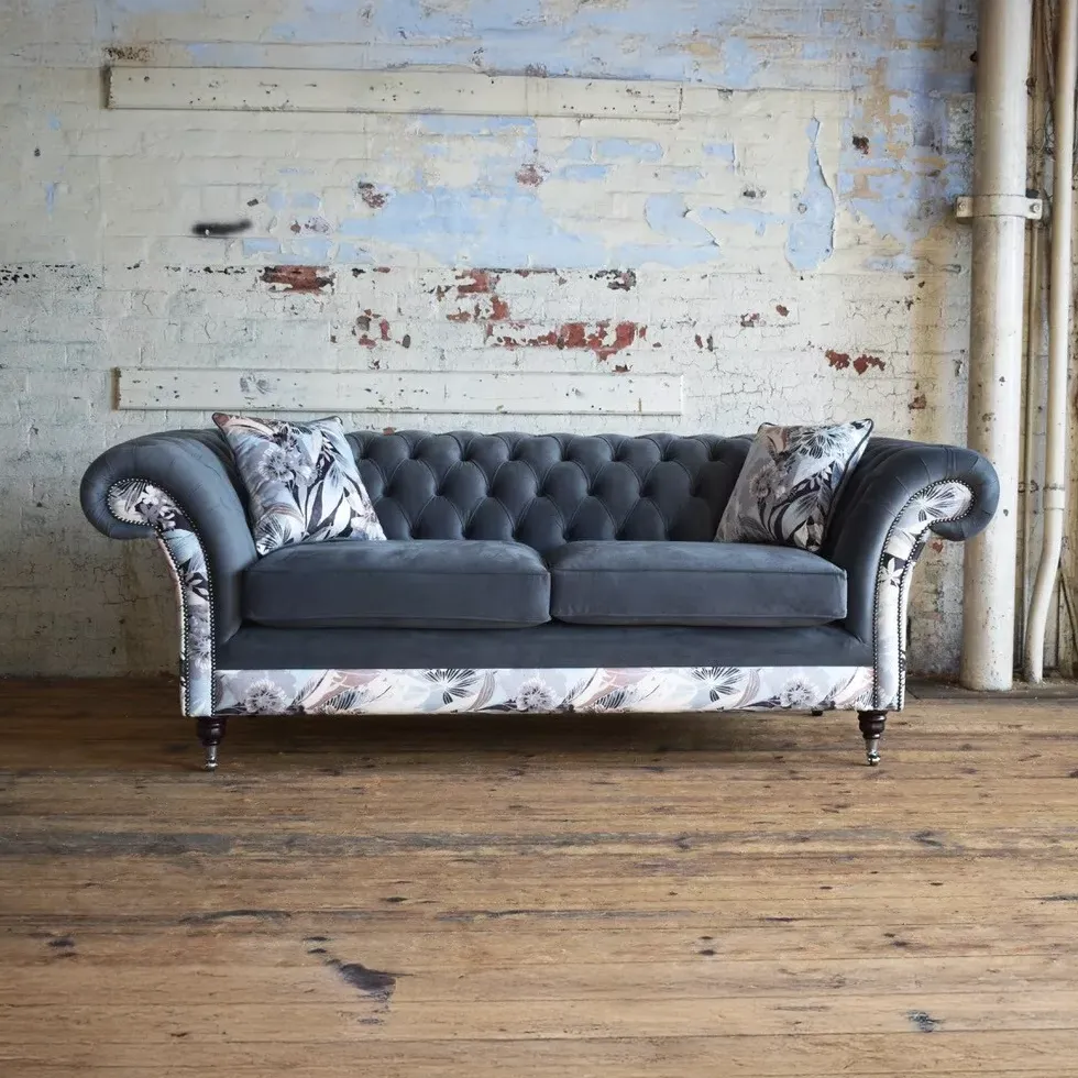 Oswald & Pablo Grey Velvet & Floral Fabric Chesterfield Sofa