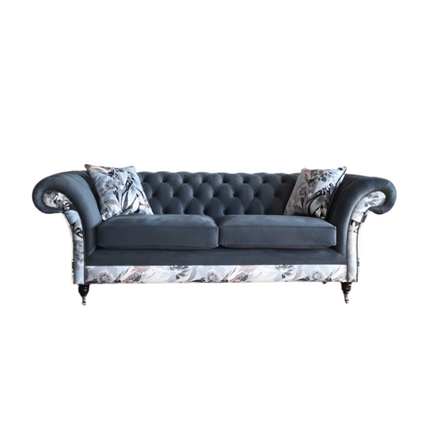 Oswald & Pablo Grey Velvet & Floral Fabric Chesterfield Sofa