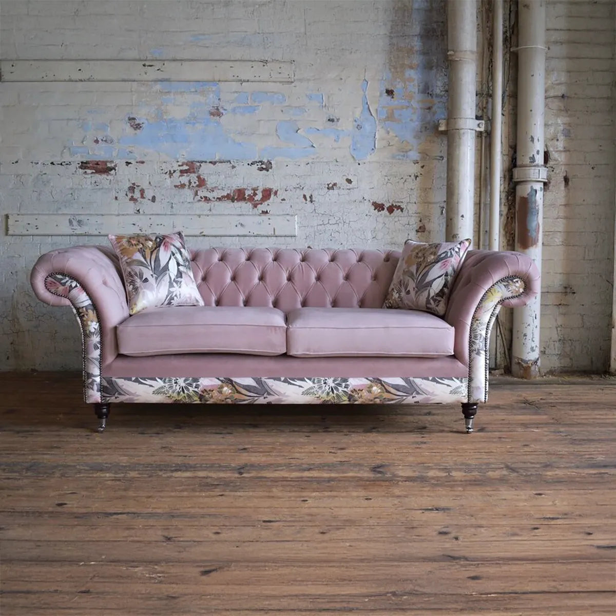 Oswald & Pablo Pink Velvet & Floral Fabric Chesterfield Sofa