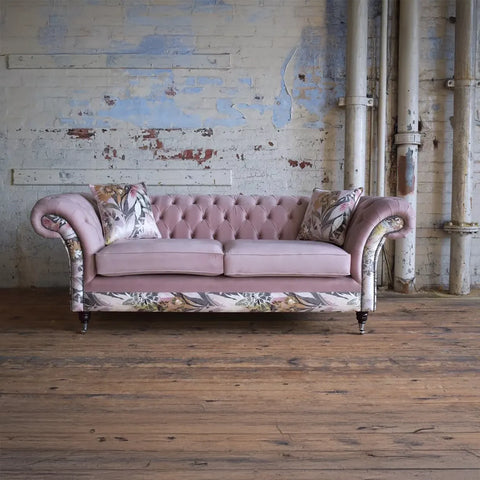 Oswald & Pablo Pink Velvet & Floral Fabric Chesterfield Sofa
