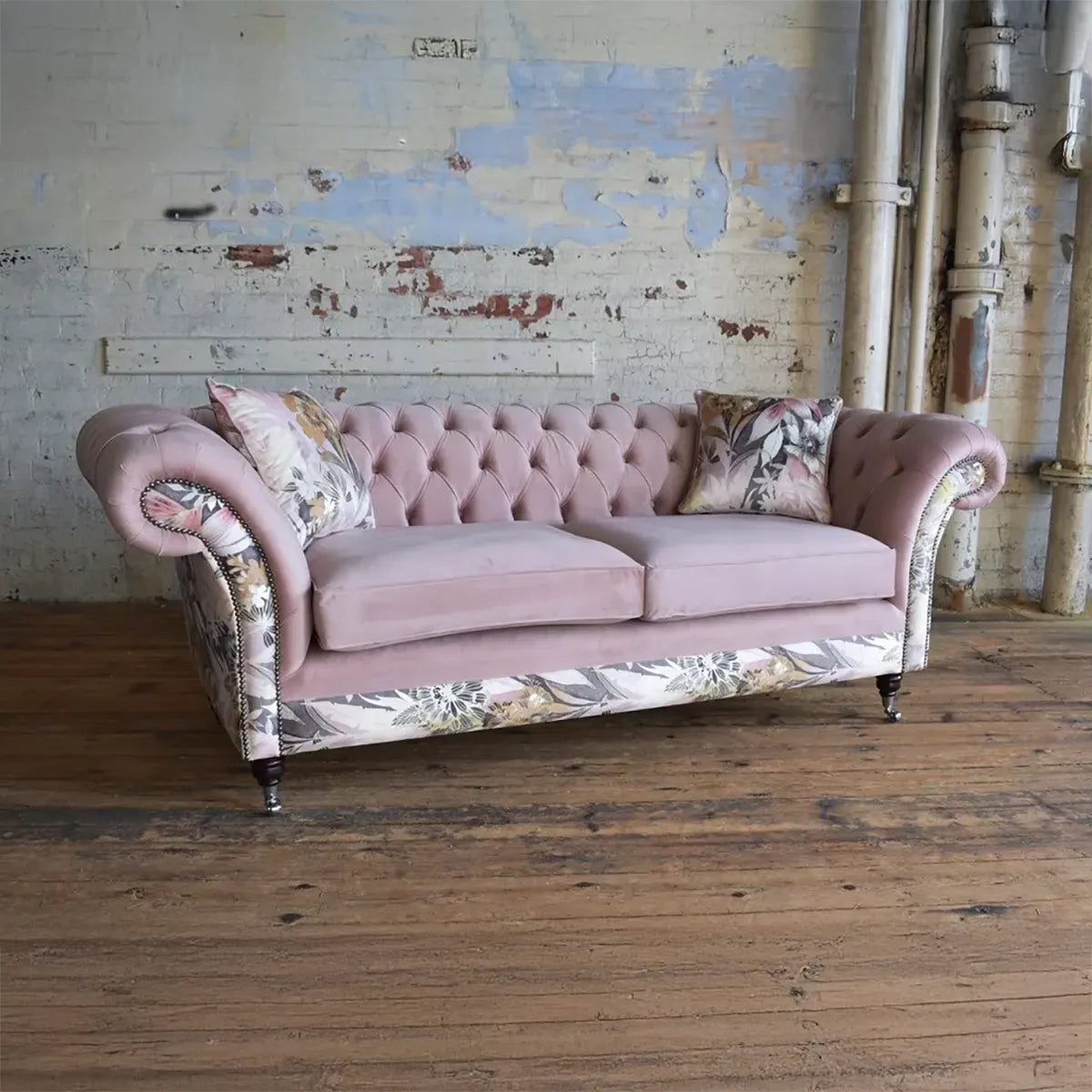 Oswald & Pablo Pink Velvet & Floral Fabric Chesterfield Sofa
