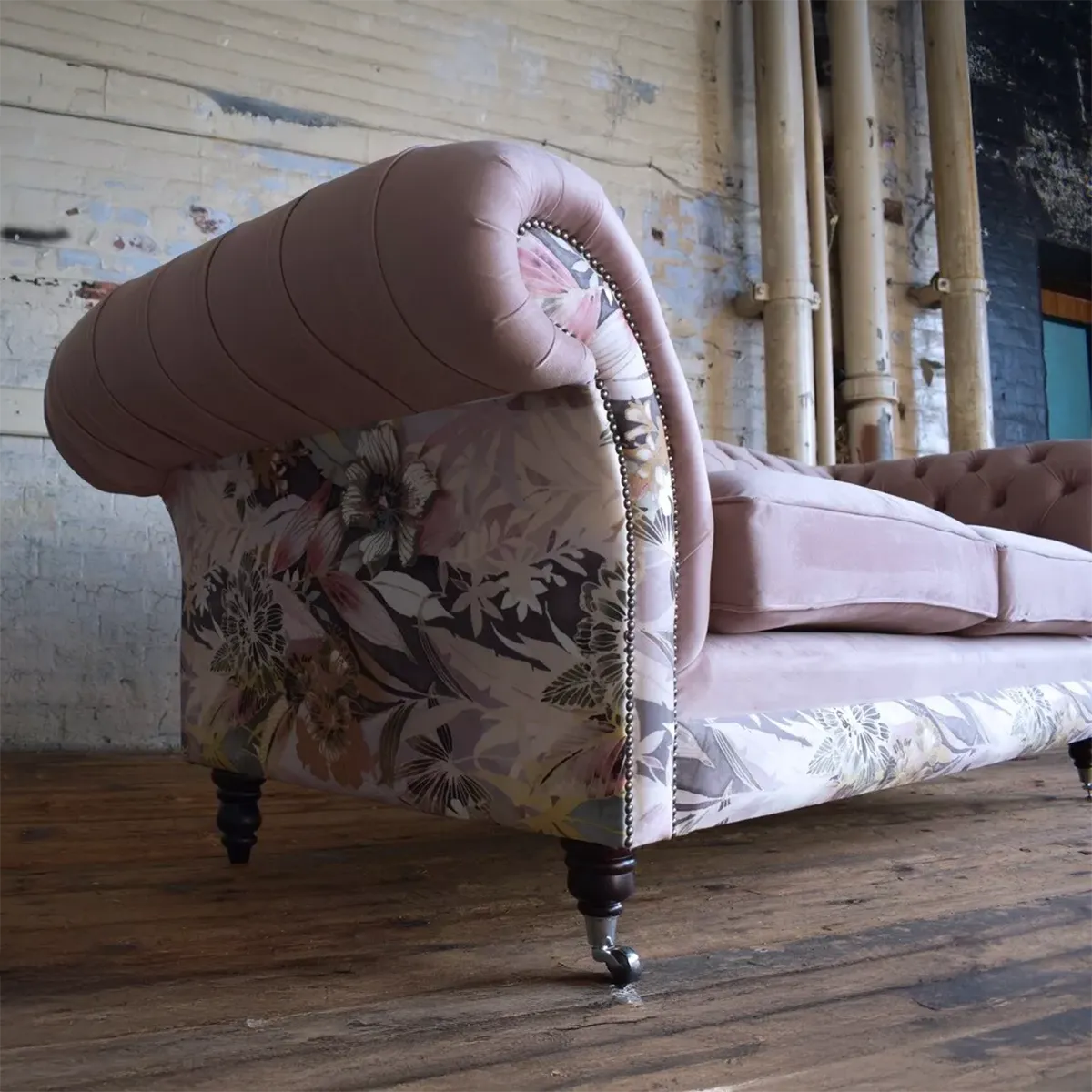 Oswald & Pablo Pink Velvet & Floral Fabric Chesterfield Sofa