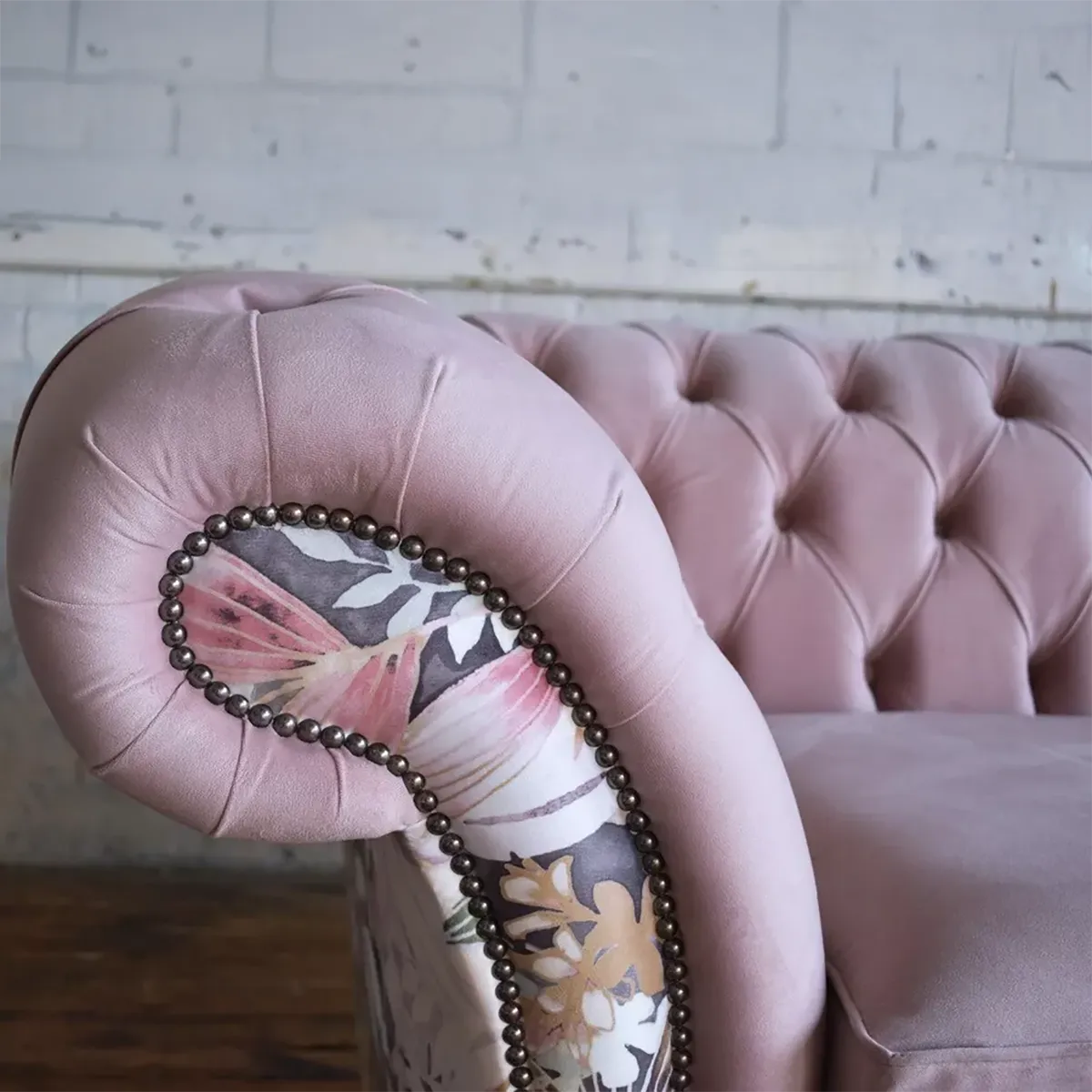 Oswald & Pablo Pink Velvet & Floral Fabric Chesterfield Sofa