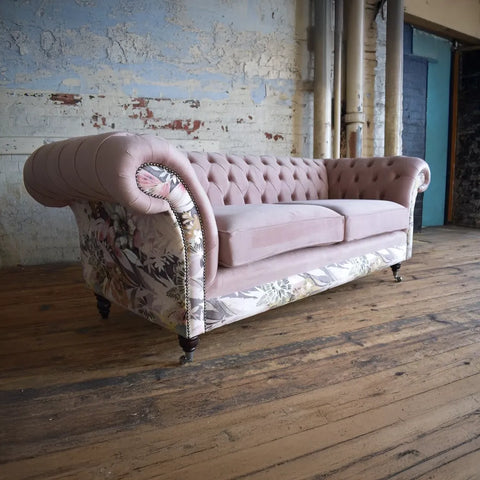 Oswald & Pablo Pink Velvet & Floral Fabric Chesterfield Sofa