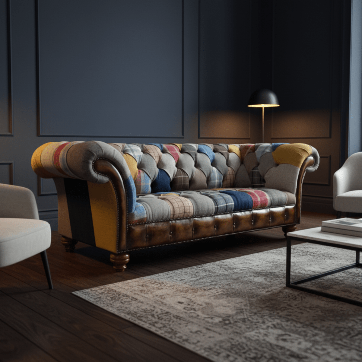 Oswald & Pablo Cotswold Tan Leather Detail Patchwork Chesterfield Sofa