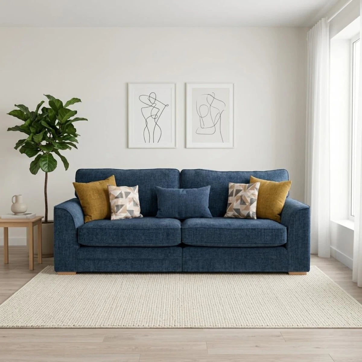 Spacious fabric sofa with elegant design and wooden legs.
