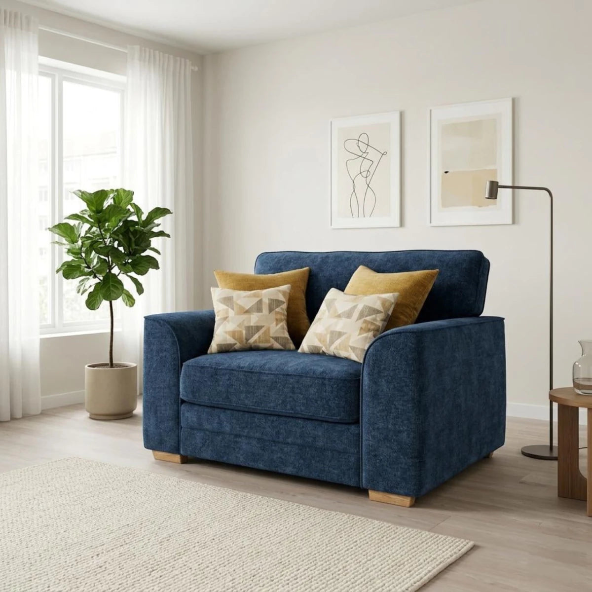 Otley Lyon love chair with wooden legs and plush design.