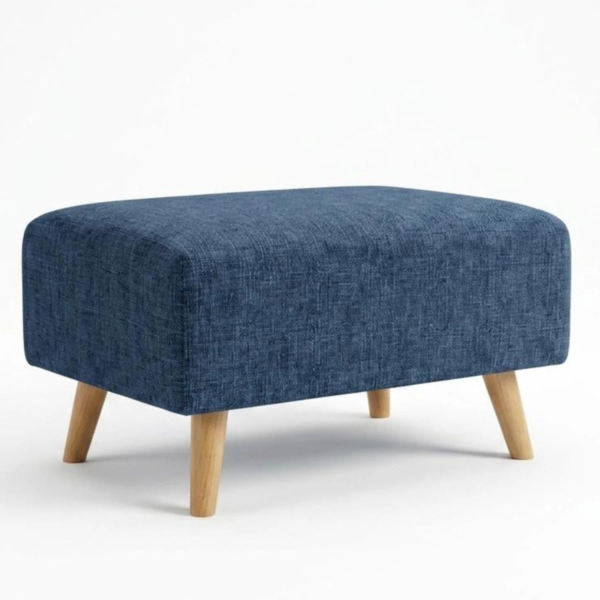 Fabric footstool with sturdy wooden base design.
