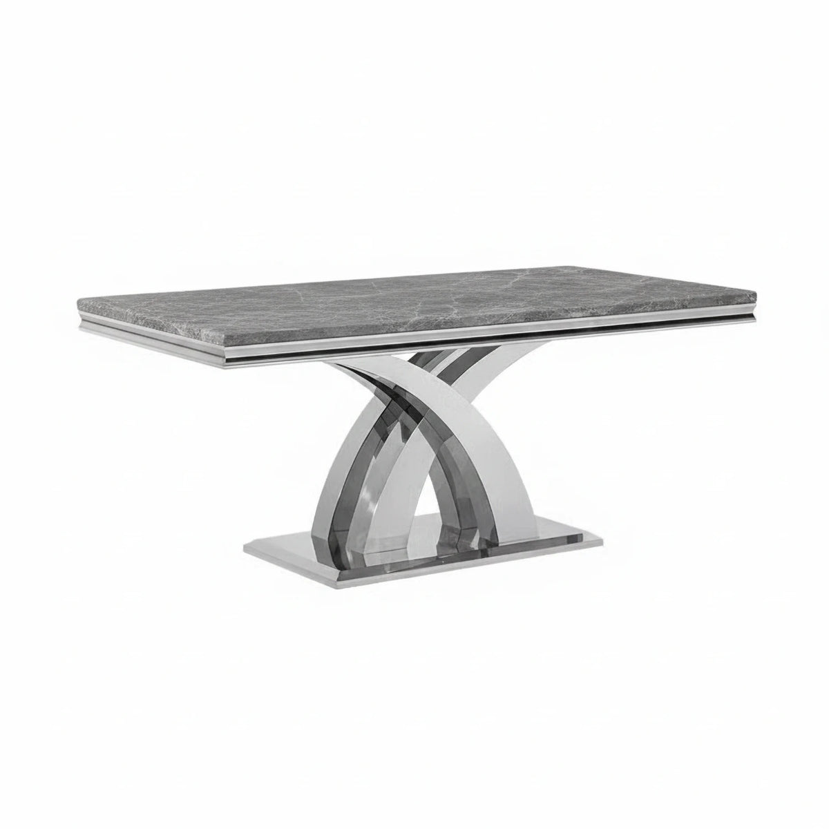 Ottavia 1.8m Light Grey Marble Dining Table with chrome X-leg base. Heat and scratch-resistant luxury design seating up to six. Perfect for modern homes.
