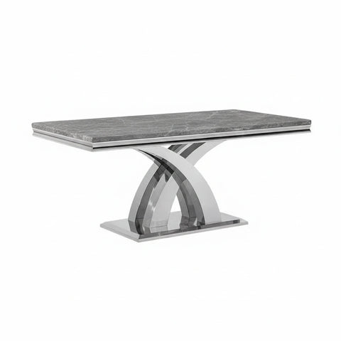 Ottavia 1.8m Light Grey Marble Dining Table with chrome X-leg base. Heat and scratch-resistant luxury design seating up to six. Perfect for modern homes.