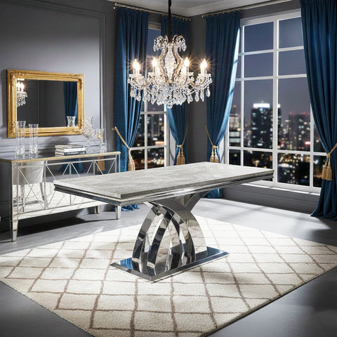 Ottavia 1.8m Light Grey Marble Dining Table with chrome X-leg base. 