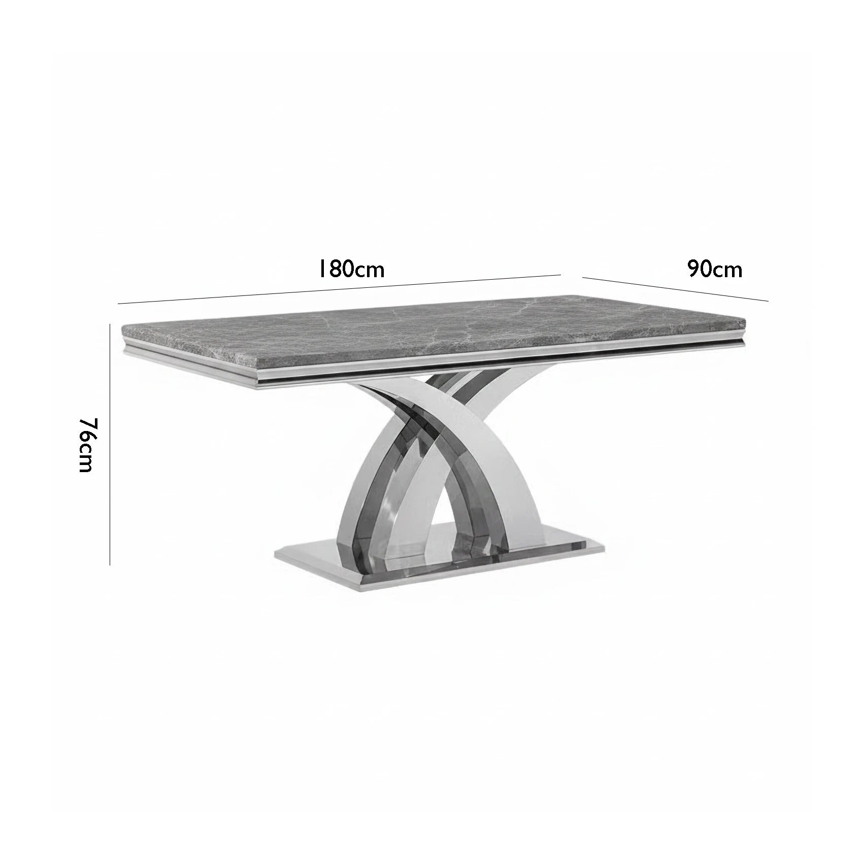 Ottavia Light Grey Marble Dining Table with chrome X-leg base with Dimensions on white background