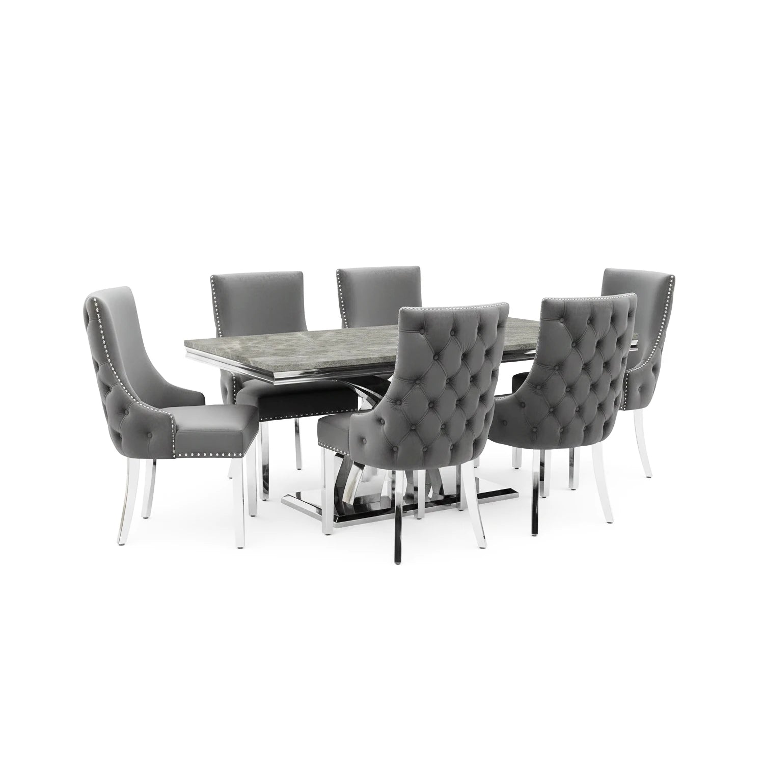 Ottavia Light Grey Marble Dining Table with 6 Nelson Dark Grey Velvet Dining Chairs