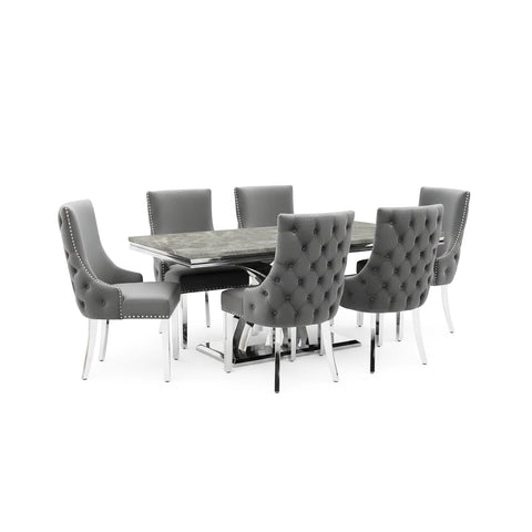 Ottavia Light Grey Marble Dining Table with 6 Nelson Dark Grey Velvet Dining Chairs