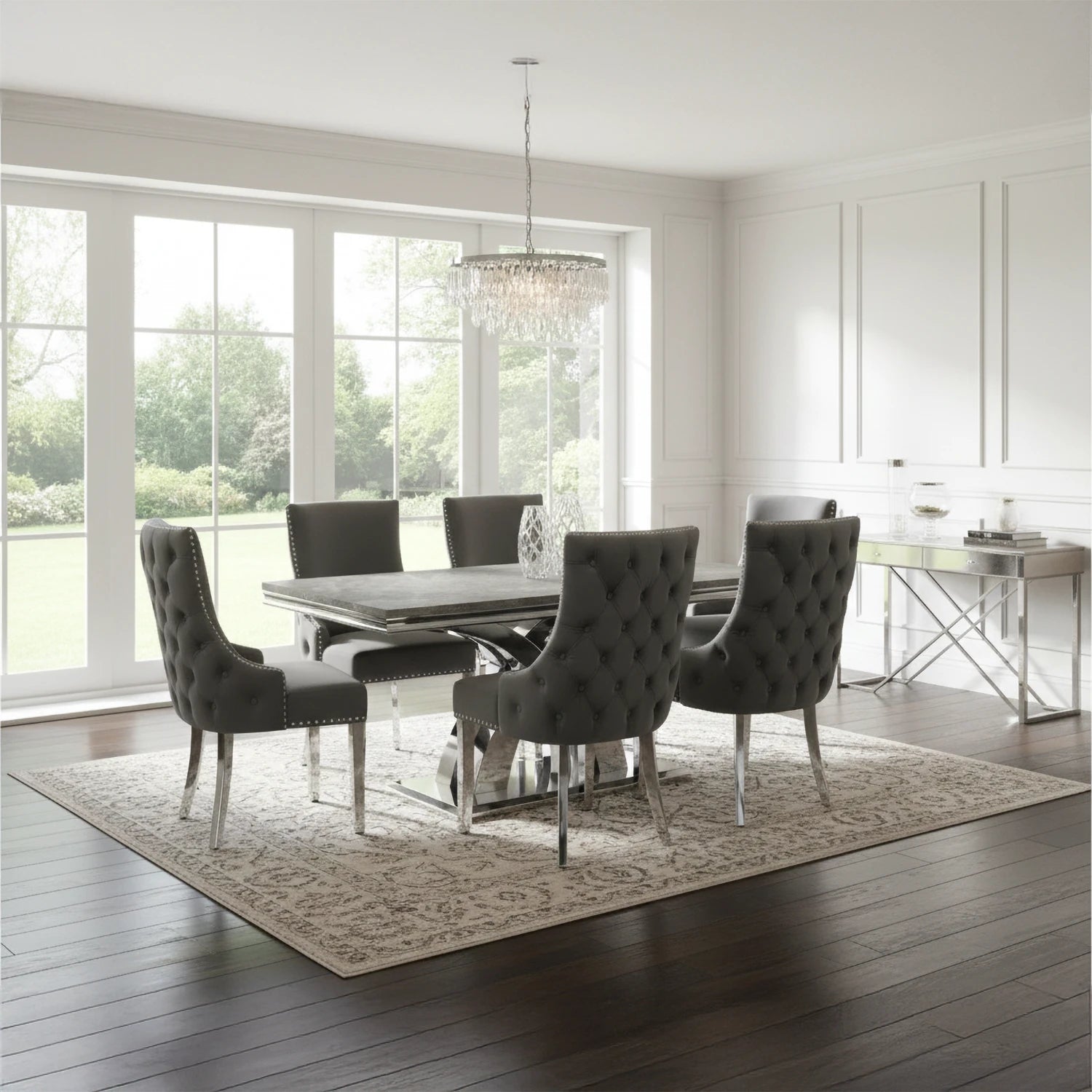 Luxury Ottavia grey marble dining table with 6 Nelson dark grey velvet chairs. Stylish, durable, and perfect for modern dining spaces.