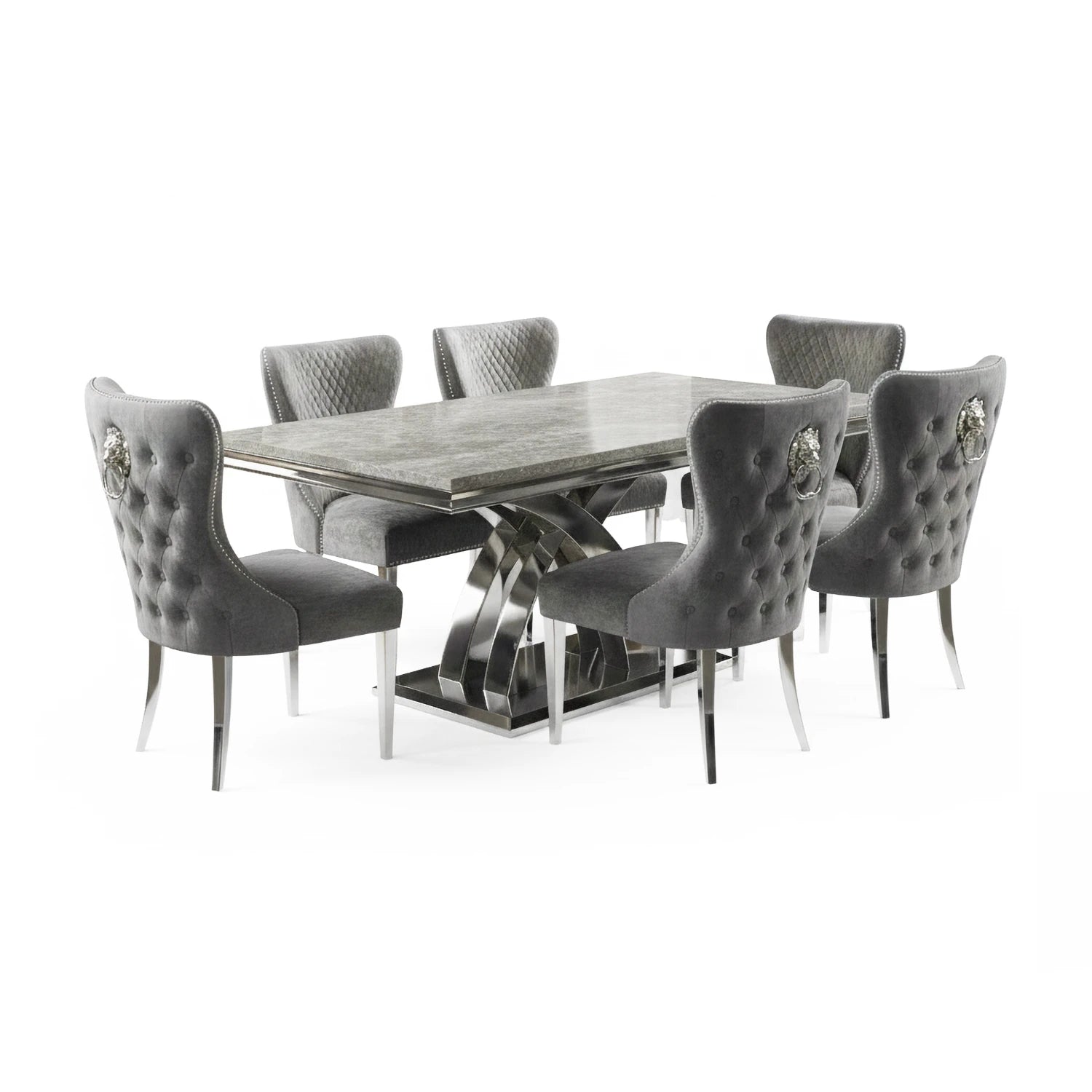 Ottavia grey marble table paired with 6 Bentley dark grey fabric dining chairs. Luxury, comfort and modern style for premium dining spaces.
