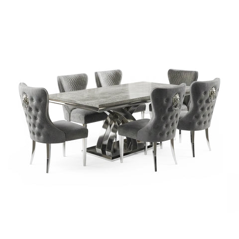 Ottavia grey marble table paired with 6 Bentley dark grey fabric dining chairs. Luxury, comfort and modern style for premium dining spaces.
