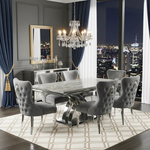 Ottavia Grey Marble Table & 6 Bentley Grey Fabric Lion Knocker Chairs Set