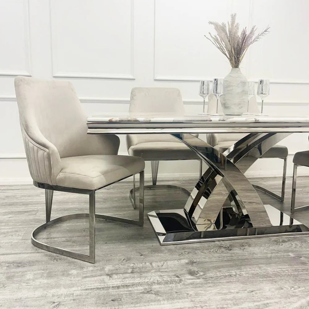 Ottavia Marble Dining Table with Ottavia Mink Velvet Dining Chair Set - Pendle Village Furniture