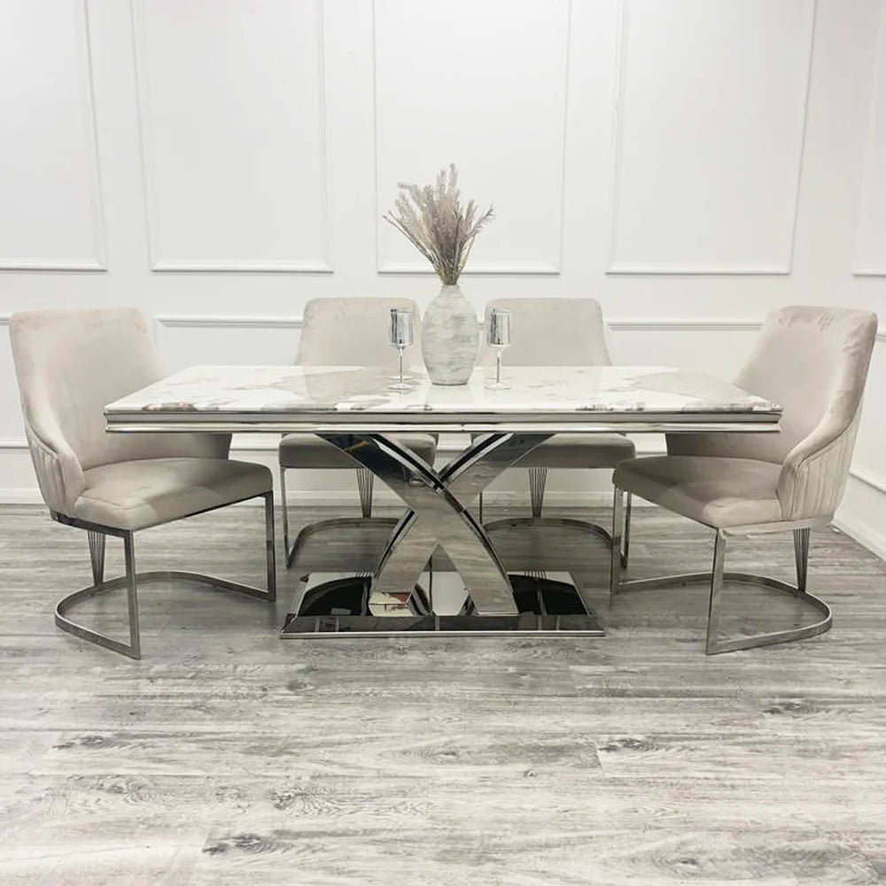 Ottavia Marble Dining Table with Ottavia Mink Velvet Dining Chair Set - Pendle Village Furniture