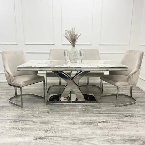 Ottavia Marble Dining Table with Ottavia Mink Velvet Dining Chair Set - Pendle Village Furniture