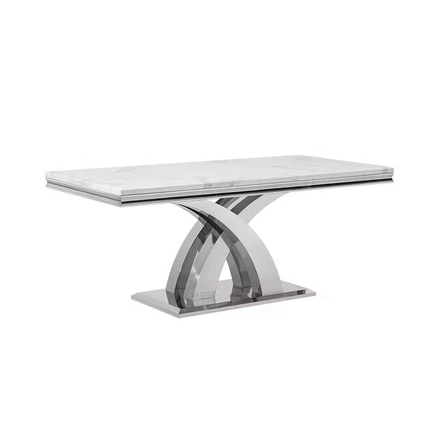 Ottavia Marble Top Dining Table with 1.8m marble surface and chrome X-leg base. Modern, durable, scratch-resistant and seats six. Stylish luxury dining.