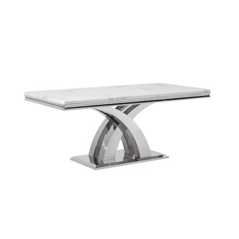 Ottavia Marble Top Dining Table with 1.8m marble surface and chrome X-leg base. Modern, durable, scratch-resistant and seats six. Stylish luxury dining.