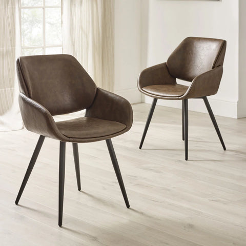 Shop Parker Brown Faux Leather Dining Chairs with padded seats, curved armrests and black metal legs. Available in sets of 4, 6 or 8. Free Delivery