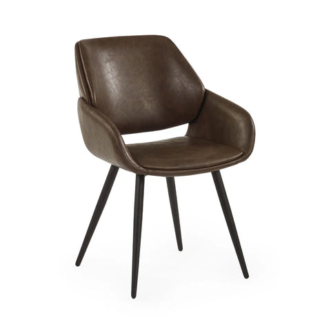 Parker Brown Faux Leather Dining Chairs with padded seats, curved armrests and black metal legs 