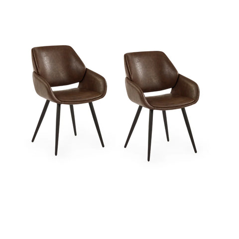 Two brown leather chairs with black legs on a white background