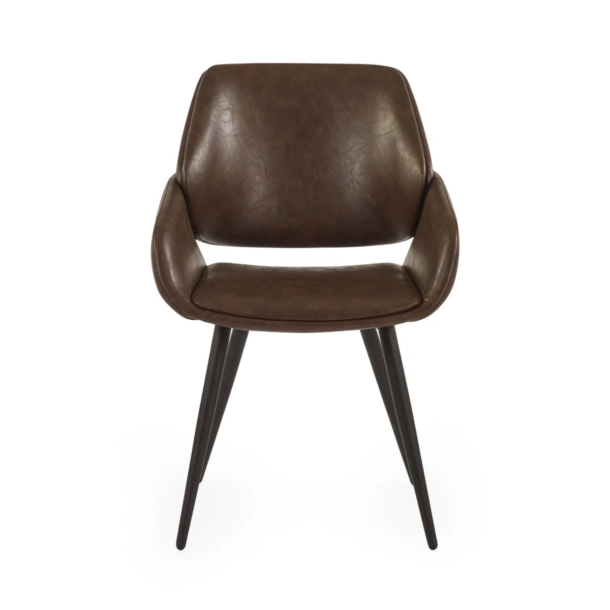 A modern brown leather upholstered armchair with a curved backrest, integrated armrests, and four tapered black metal legs, shown against a plain white background.