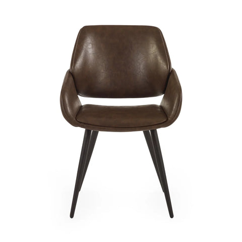 A modern brown leather upholstered armchair with a curved backrest, integrated armrests, and four tapered black metal legs, shown against a plain white background.