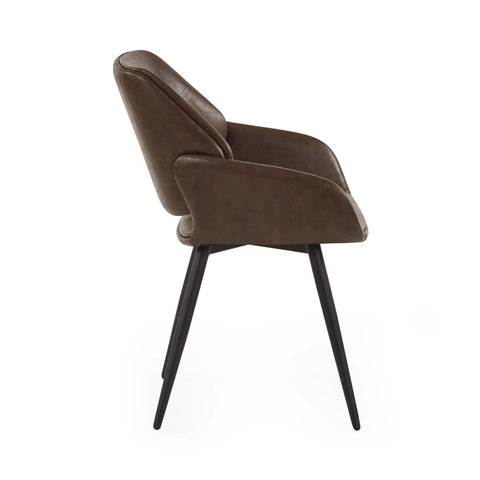 Brown leather dining armchair with black legs on a white background