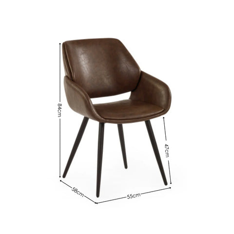 Parker Brown Faux Leather Dining Chairs with padded seats, curved armrests and black metal legs with Dimensions on White background