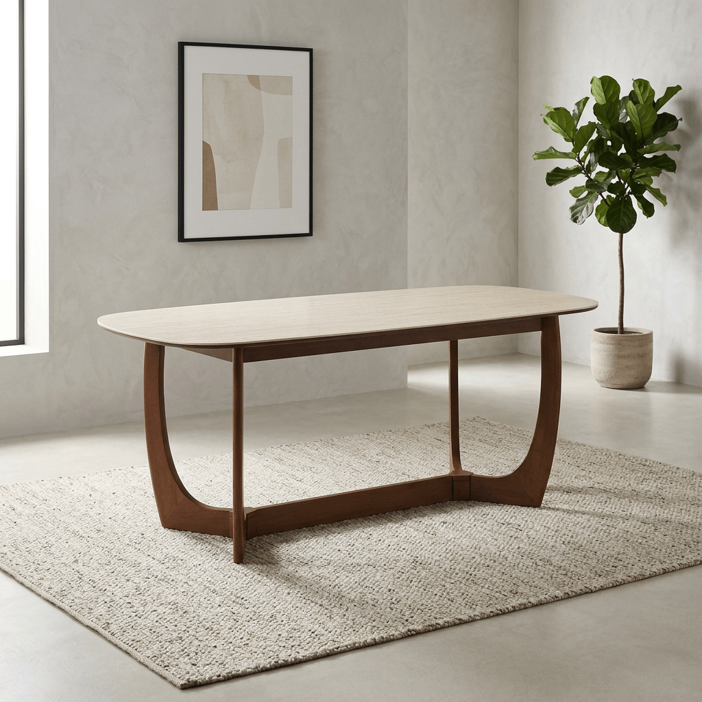 Discover the Portofino 180cm dining table with a luxurious natural stone top, sculptural walnut-effect base and rounded edges. Seats 4–6 people.