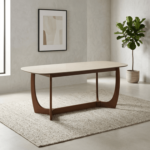Discover the Portofino 180cm dining table with a luxurious natural stone top, sculptural walnut-effect base and rounded edges. Seats 4–6 people.