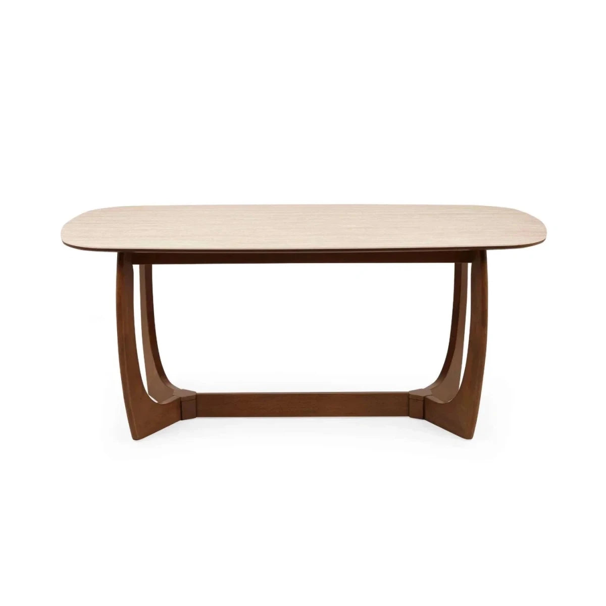 Portofino 180cm dining table with a luxurious natural stone top, sculptural walnut-effect base and rounded edges