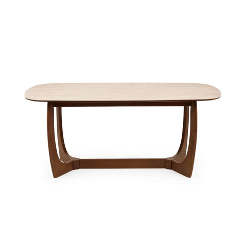 Portofino 180cm dining table with a luxurious natural stone top, sculptural walnut-effect base and rounded edges