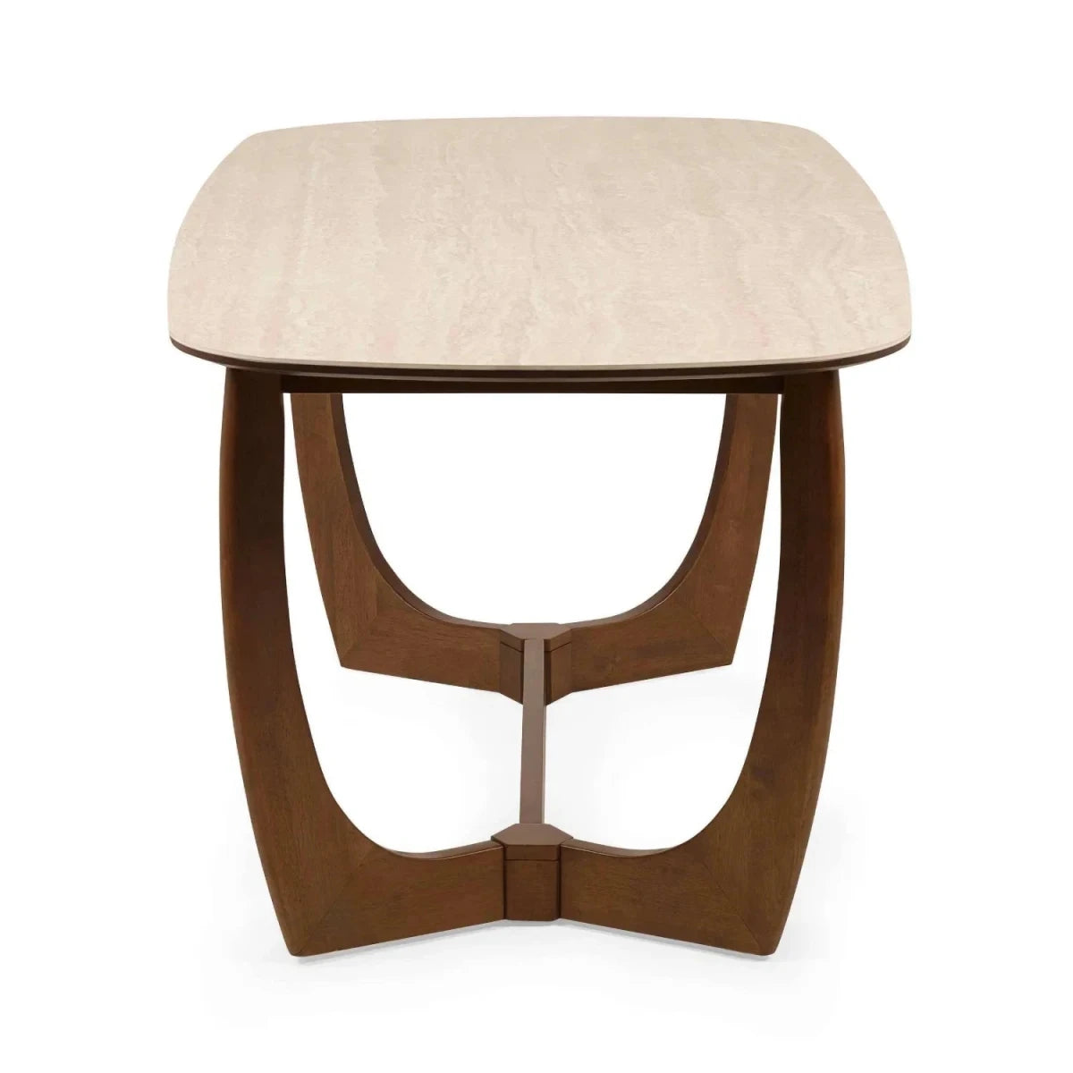 Modern Premium Portofino 180cm dining table with a luxurious natural stone top, sculptural walnut-effect base and rounded edges