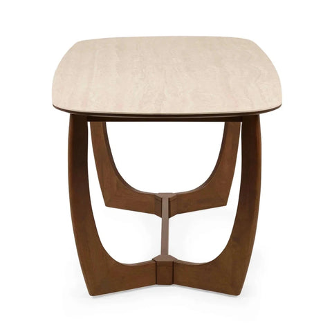 Modern Premium Portofino 180cm dining table with a luxurious natural stone top, sculptural walnut-effect base and rounded edges