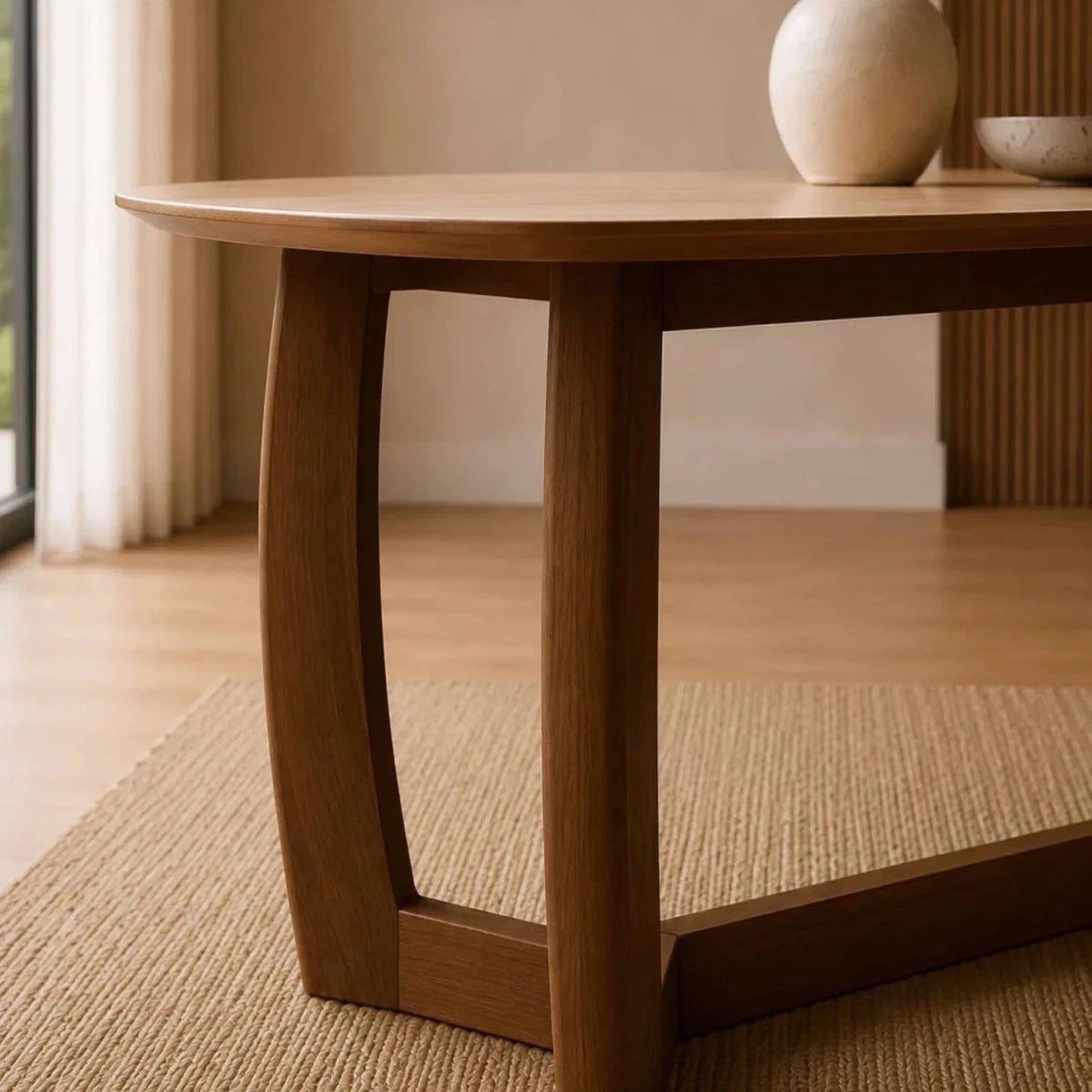 Close up of Portofino 180cm dining table with a luxurious natural stone top, sculptural walnut-effect base and rounded edges