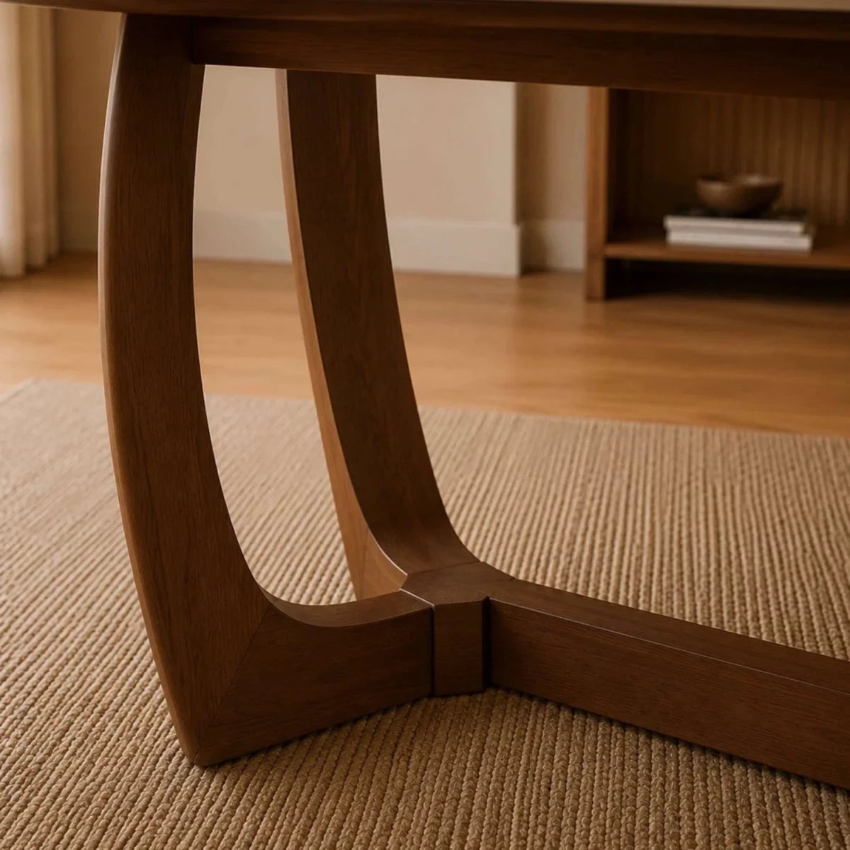 Base Close up of Portofino 180cm dining table with a luxurious natural stone top, sculptural walnut-effect base and rounded edges