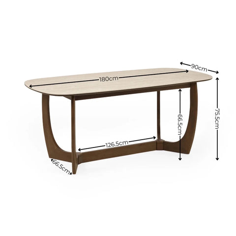 Portofino 180cm Natural Stone & Walnut Dining Table with Dimensions displayed on White background