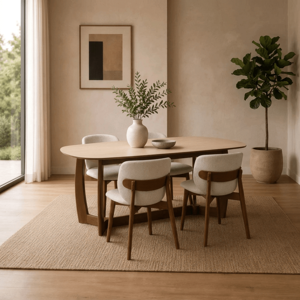 Shop the Portofino 180cm natural stone dining table with 4 or 6 cream chenille chairs. Elegant walnut-effect frames and premium contemporary styling.